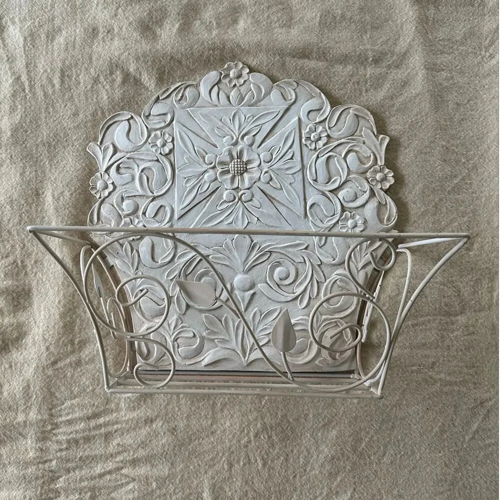 Vintage Metal Wall Mount plant holder Rack cream cottage decor French country